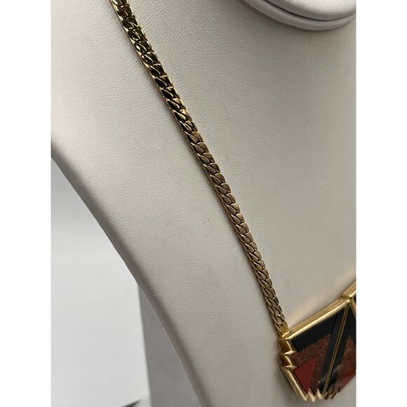 Ben-Amun Designer Red Brown Geometric Gold Tone Pendant Collar Necklace - Picture 6 of 10